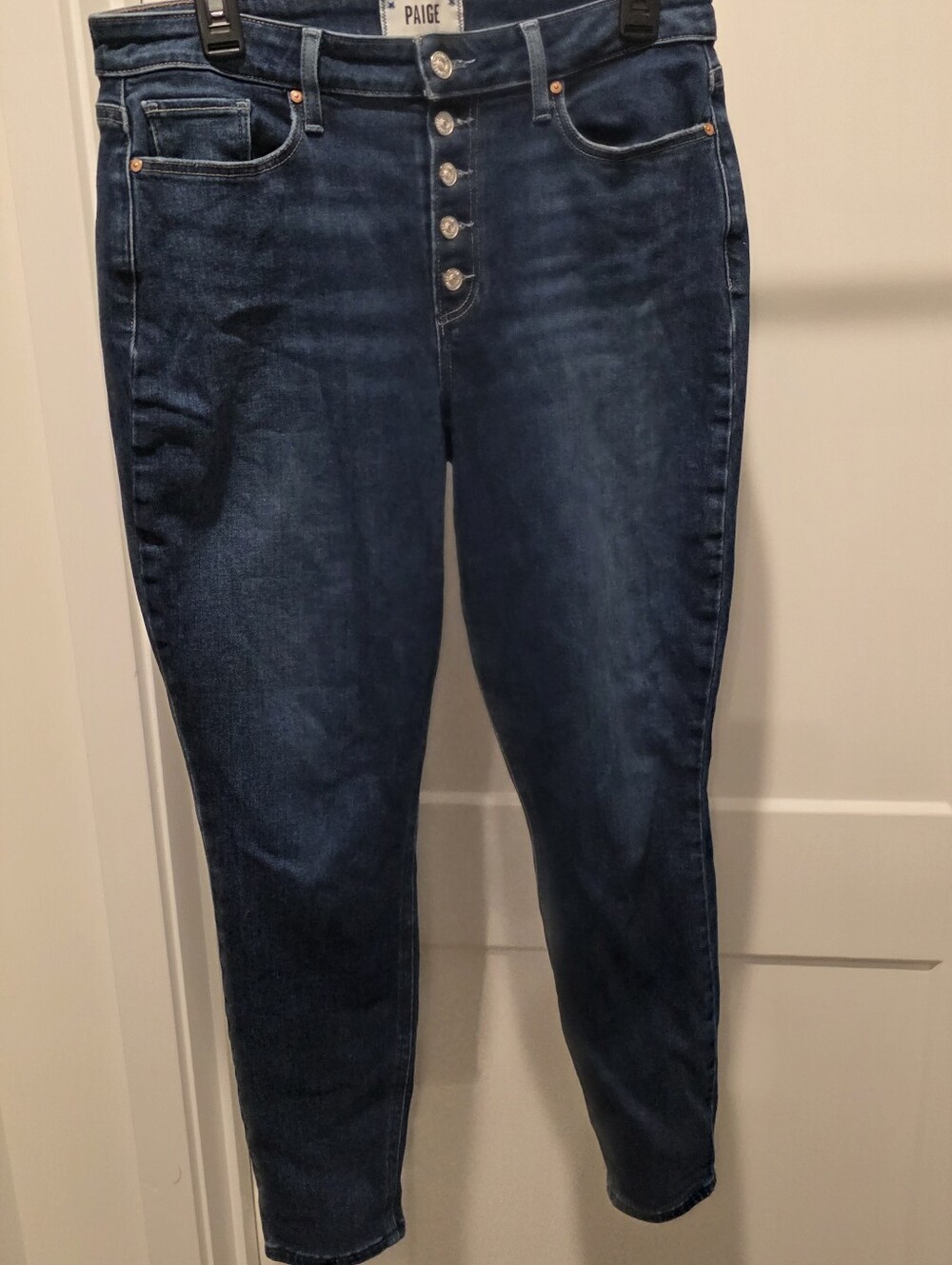 PAIGE High-Rise Dark Blue Button-Fly Slim Jeans
